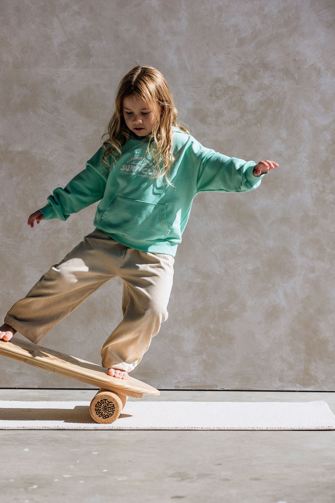 Kids wearing Barefoot and Salty Surf Club oversized hoodie in seafoam blue