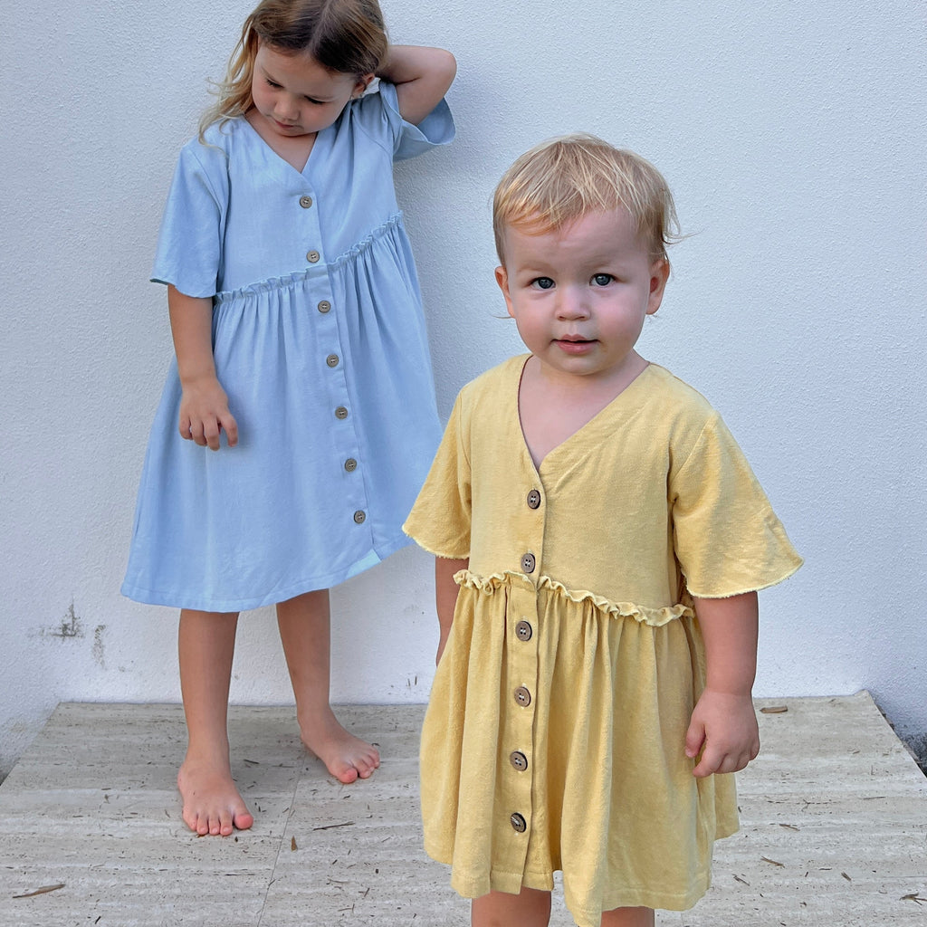 linen dress, beach dress, boho dress, surf dress, yellow dress, blue dress, button up dress, cotton dress, summer dress, skate dress